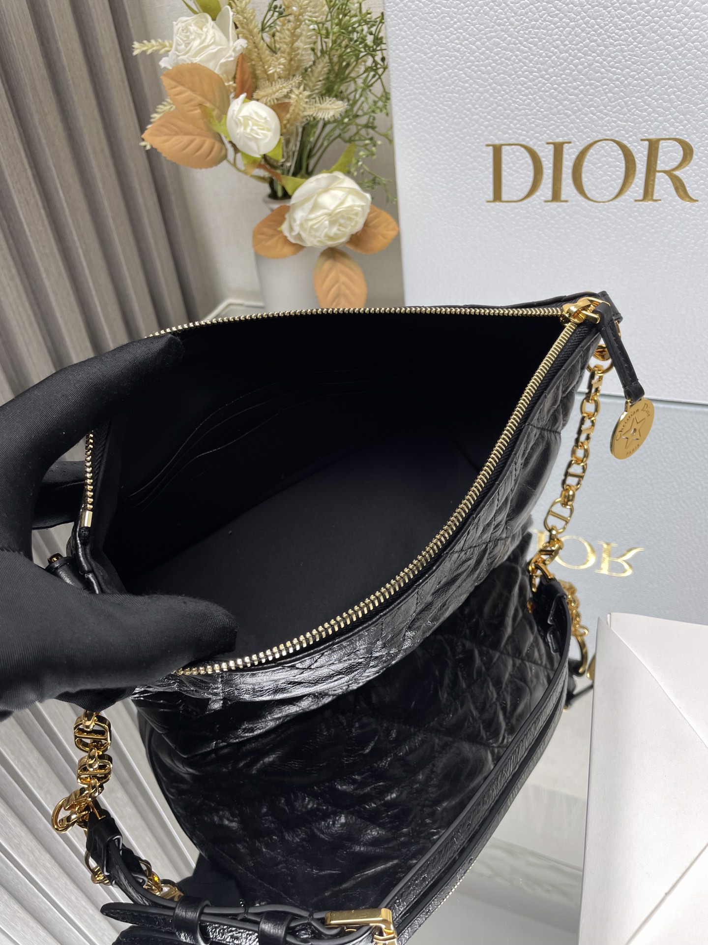 Dior Diorstar Hobo Bag with Chain Black Macrocannage Crinkled Calfskin