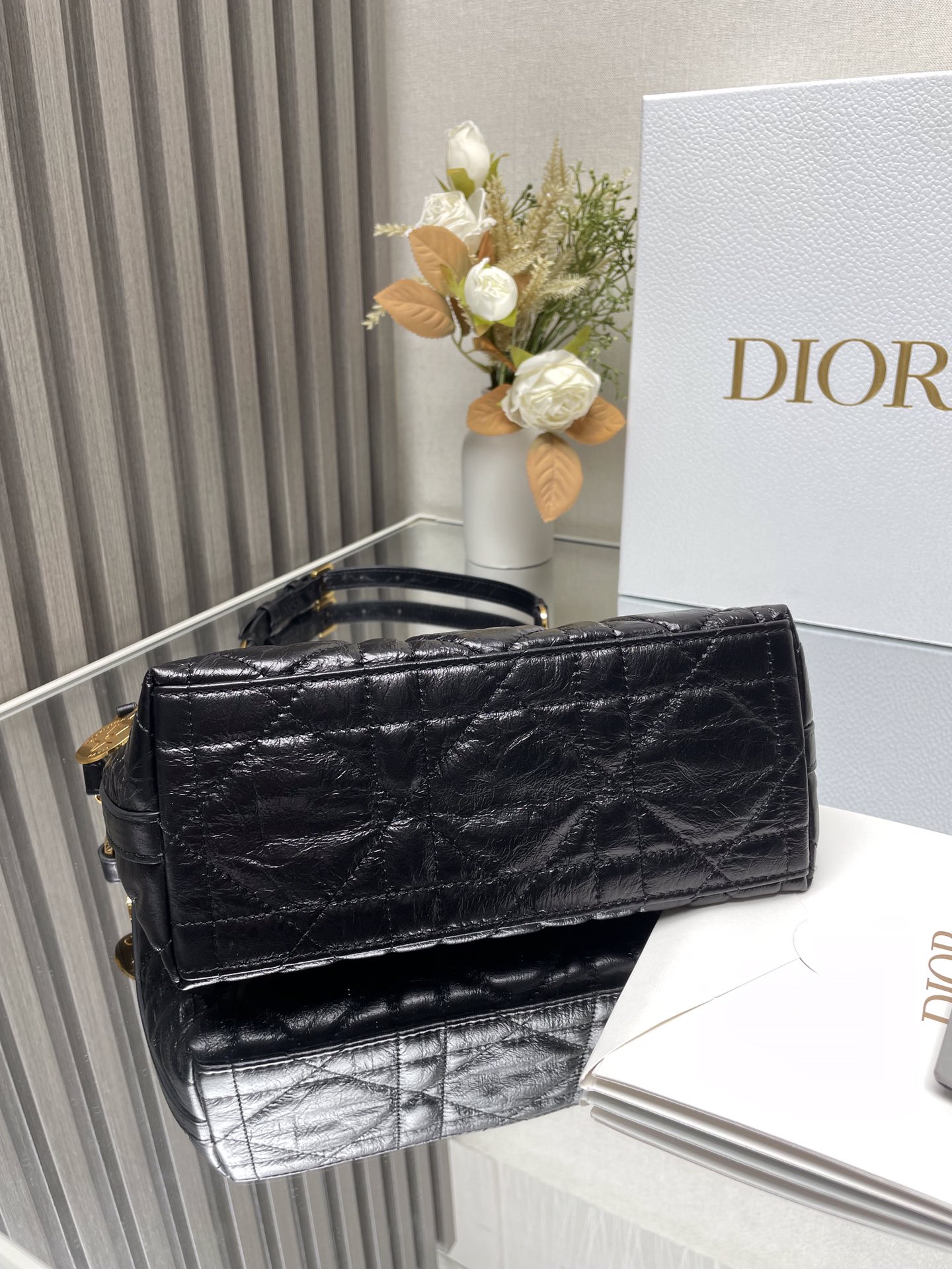 Dior Diorstar Hobo Bag with Chain Black Macrocannage Crinkled Calfskin