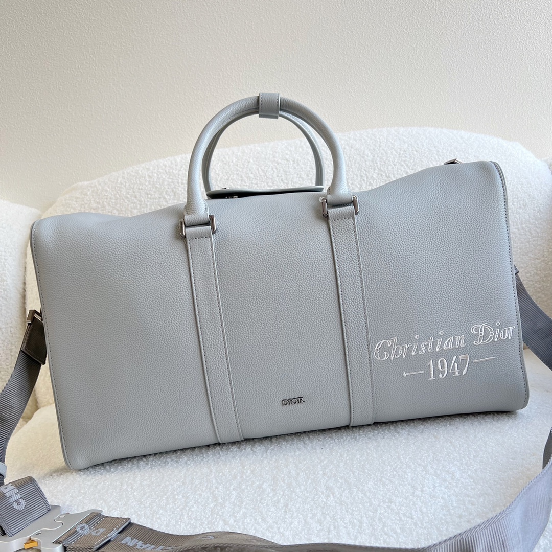 Dior Gray Grained Calfskin with Christian Dior 1947 Signature Dior Lingot 50 Duffle Bag