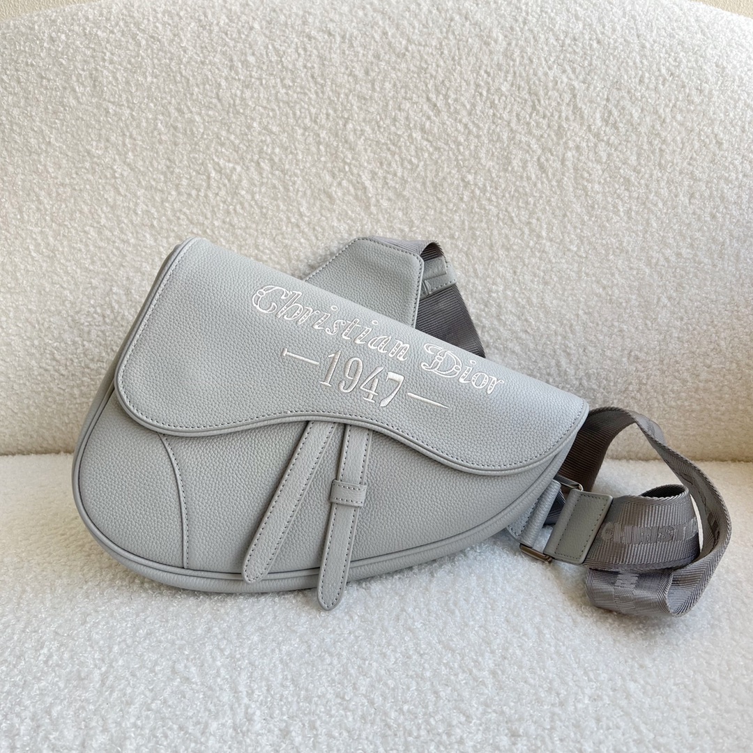 Dior Gray Grained Calfskin with Christian Dior 1947 Signature Saddle Bag