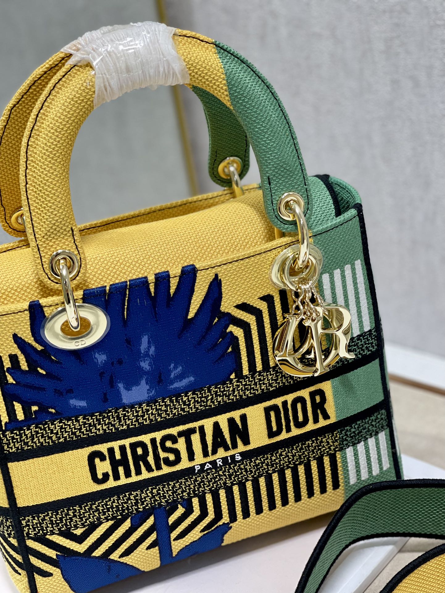 Dior Lady D-lite Embroidery Bag Yellow and Green 24cm