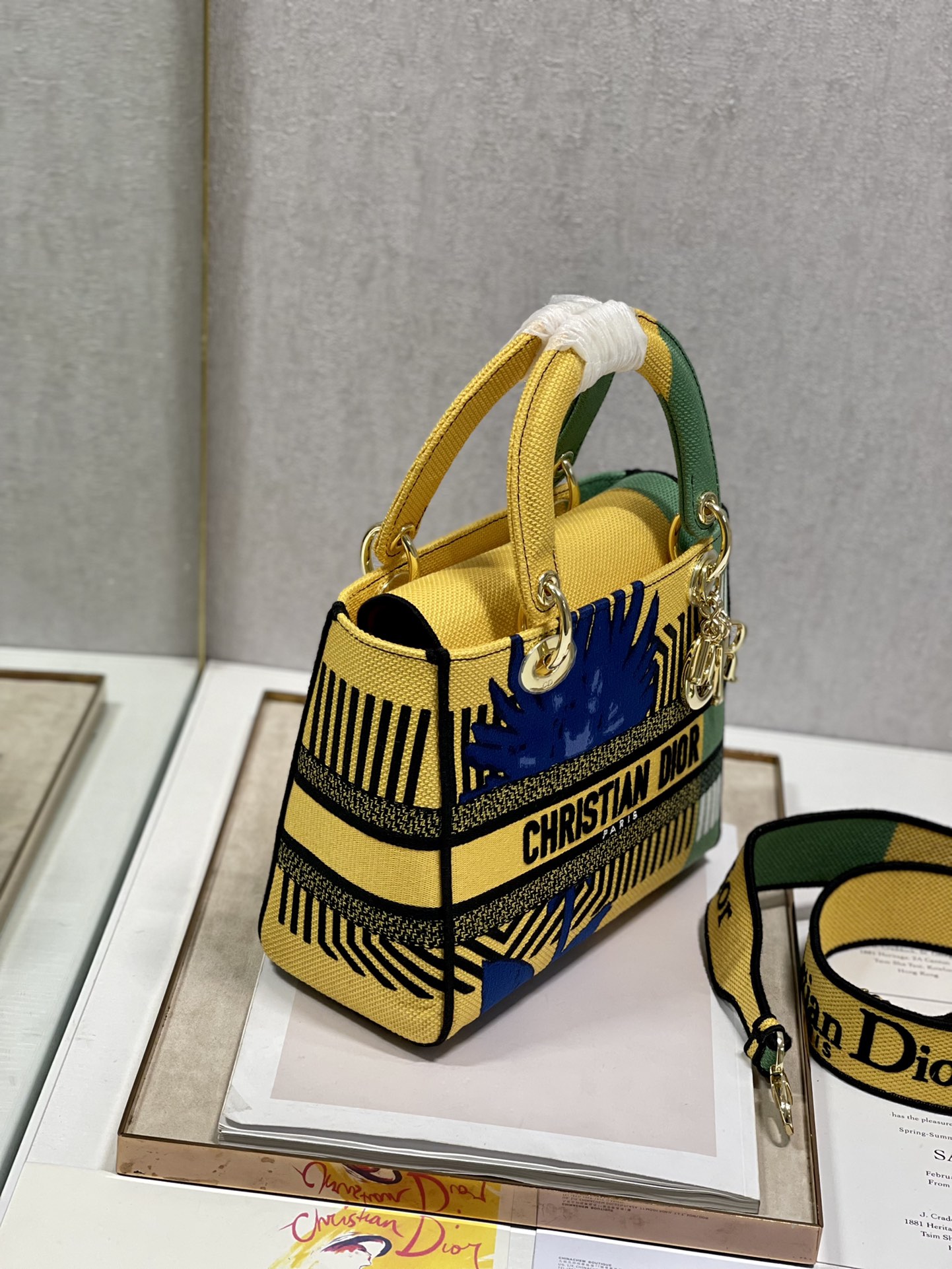 Dior Lady D-lite Embroidery Bag Yellow and Green 24cm