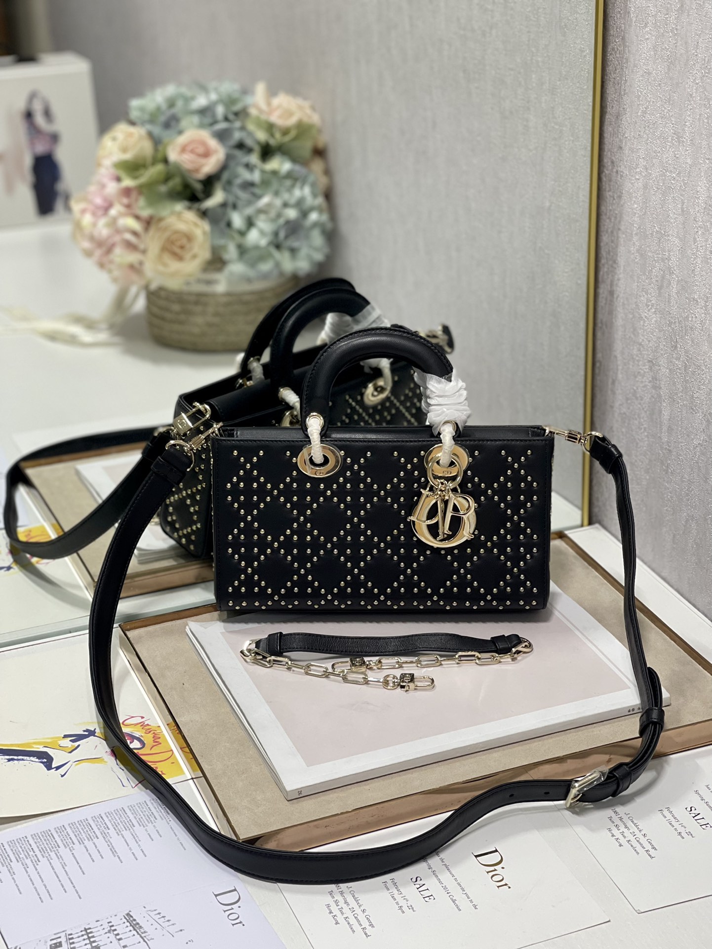 Dior Lady D鈭扟oy Tote Bag Eyelet Black Lambskin