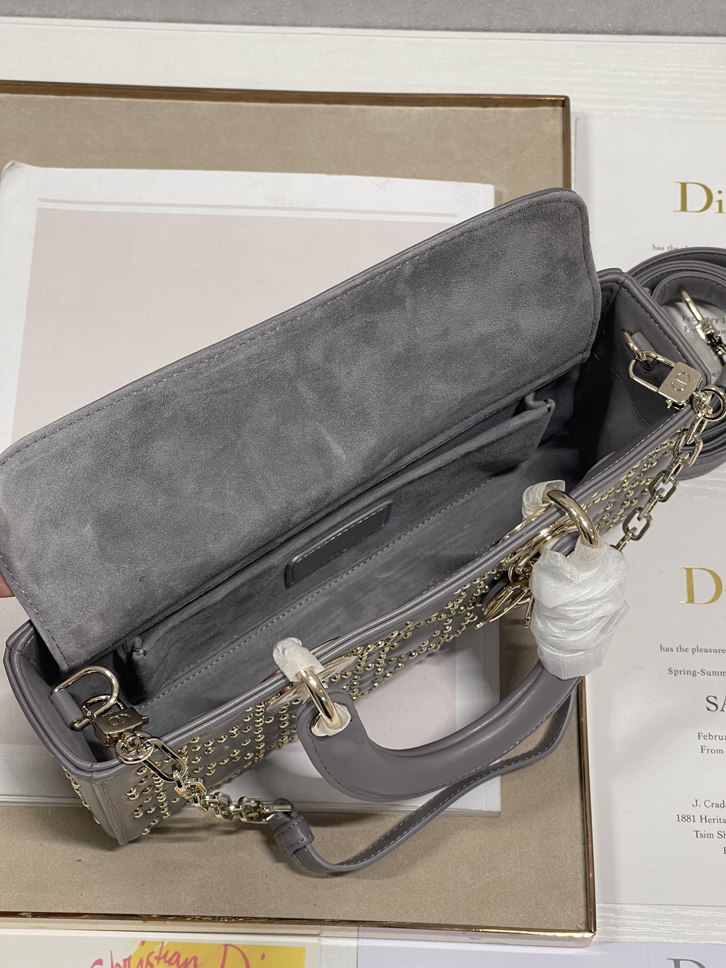 Dior Lady D鈭扟oy Tote Bag Eyelet Gray Lambskin