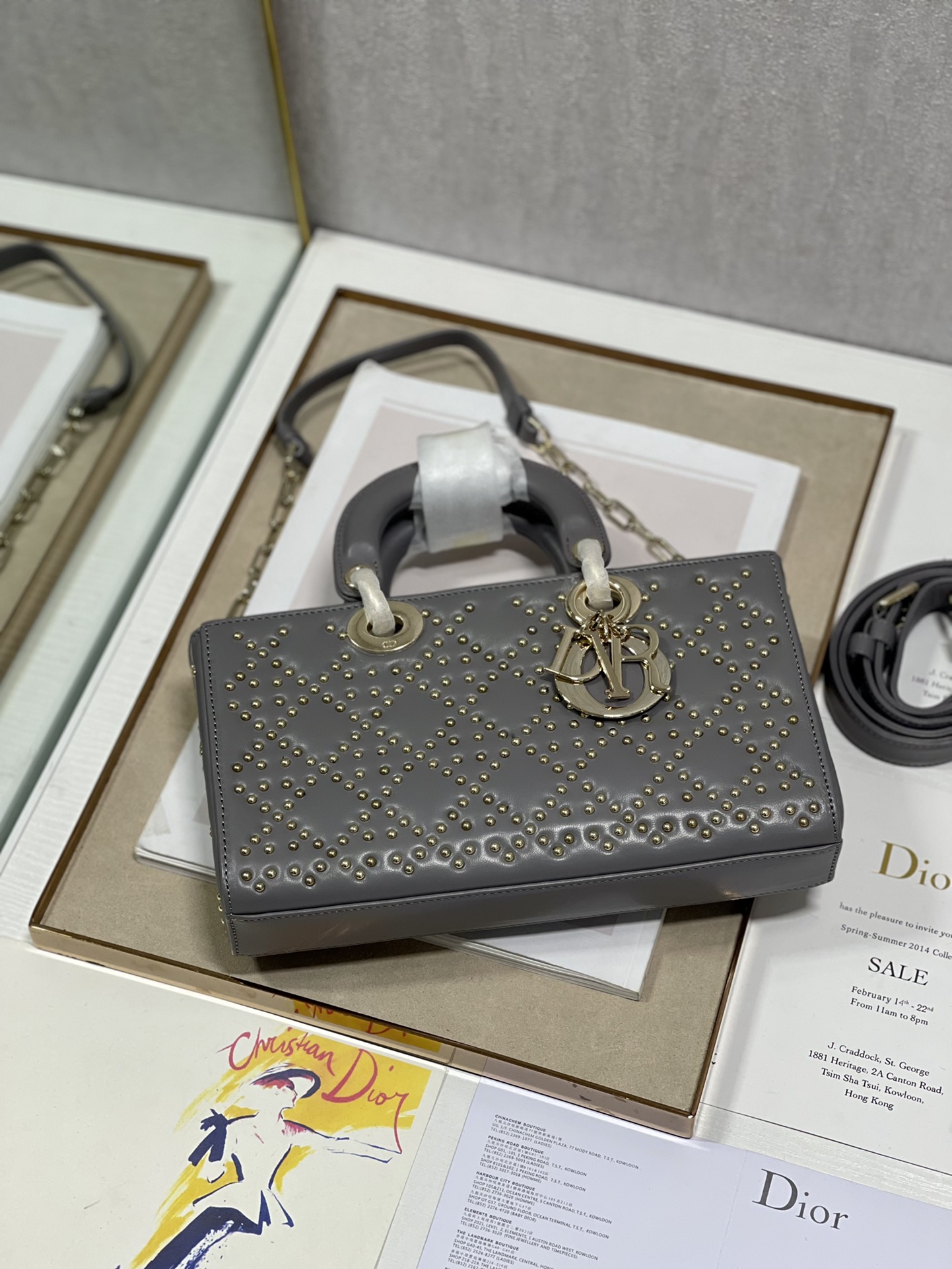 Dior Lady D鈭扟oy Tote Bag Eyelet Gray Lambskin