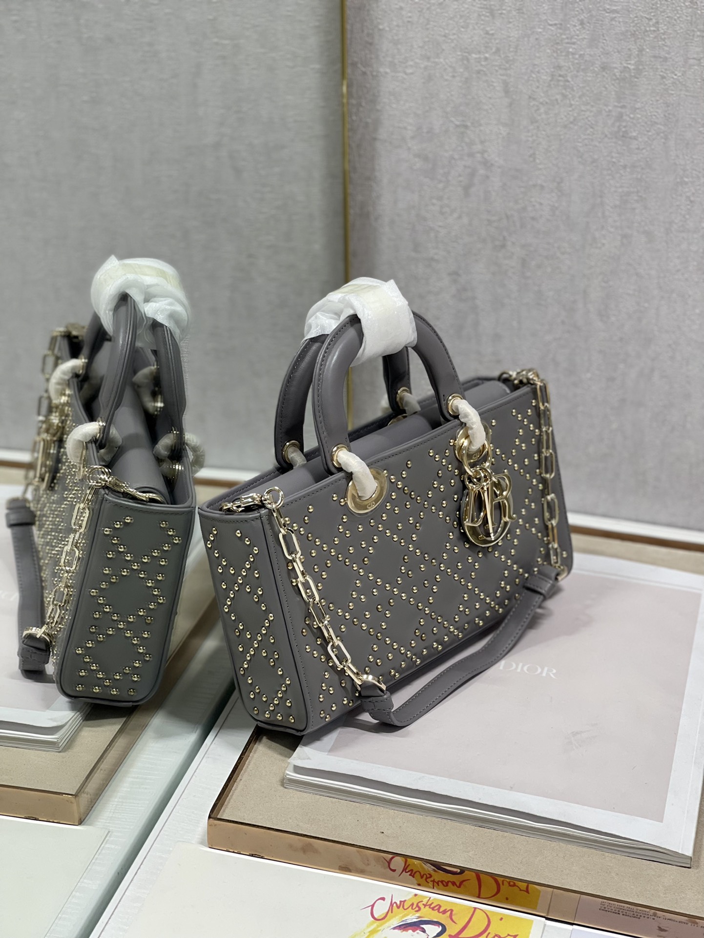 Dior Lady D鈭扟oy Tote Bag Eyelet Gray Lambskin