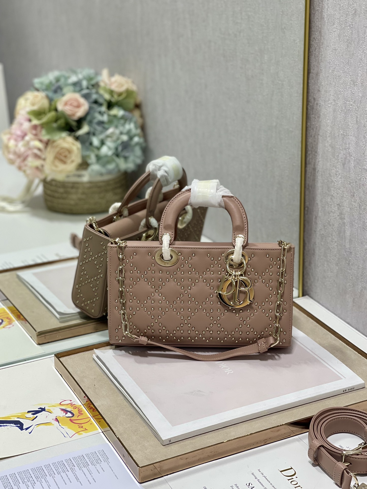 Dior Lady D鈭扟oy Tote Bag Eyelet Pink Lambskin