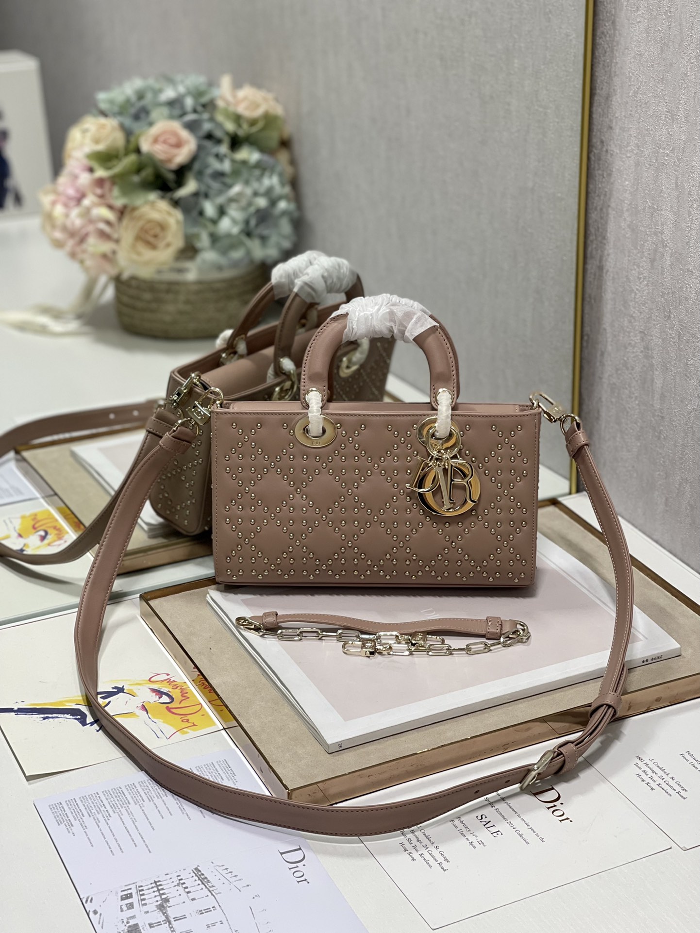 Dior Lady D鈭扟oy Tote Bag Eyelet Pink Lambskin