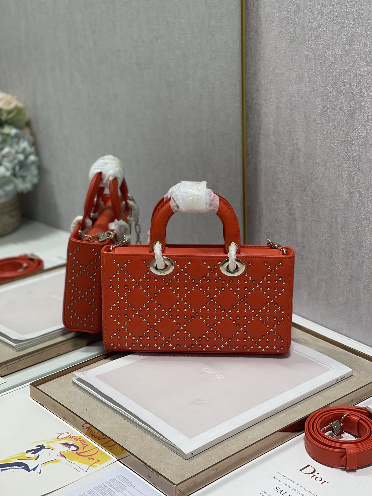 Dior Lady D鈭扟oy Tote Bag Eyelet Red Lambskin