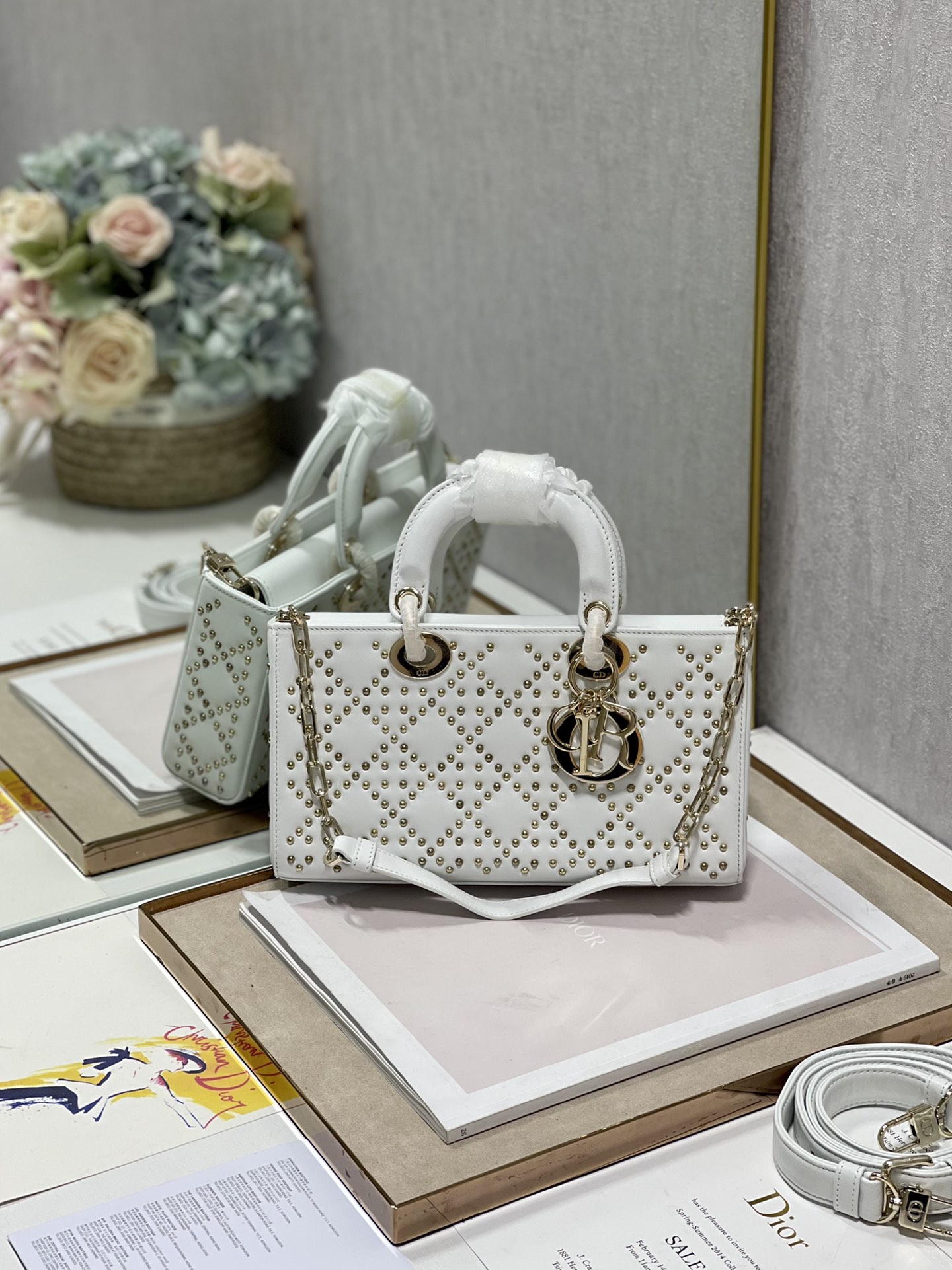 Dior Lady D鈭扟oy Tote Bag Eyelet White Lambskin