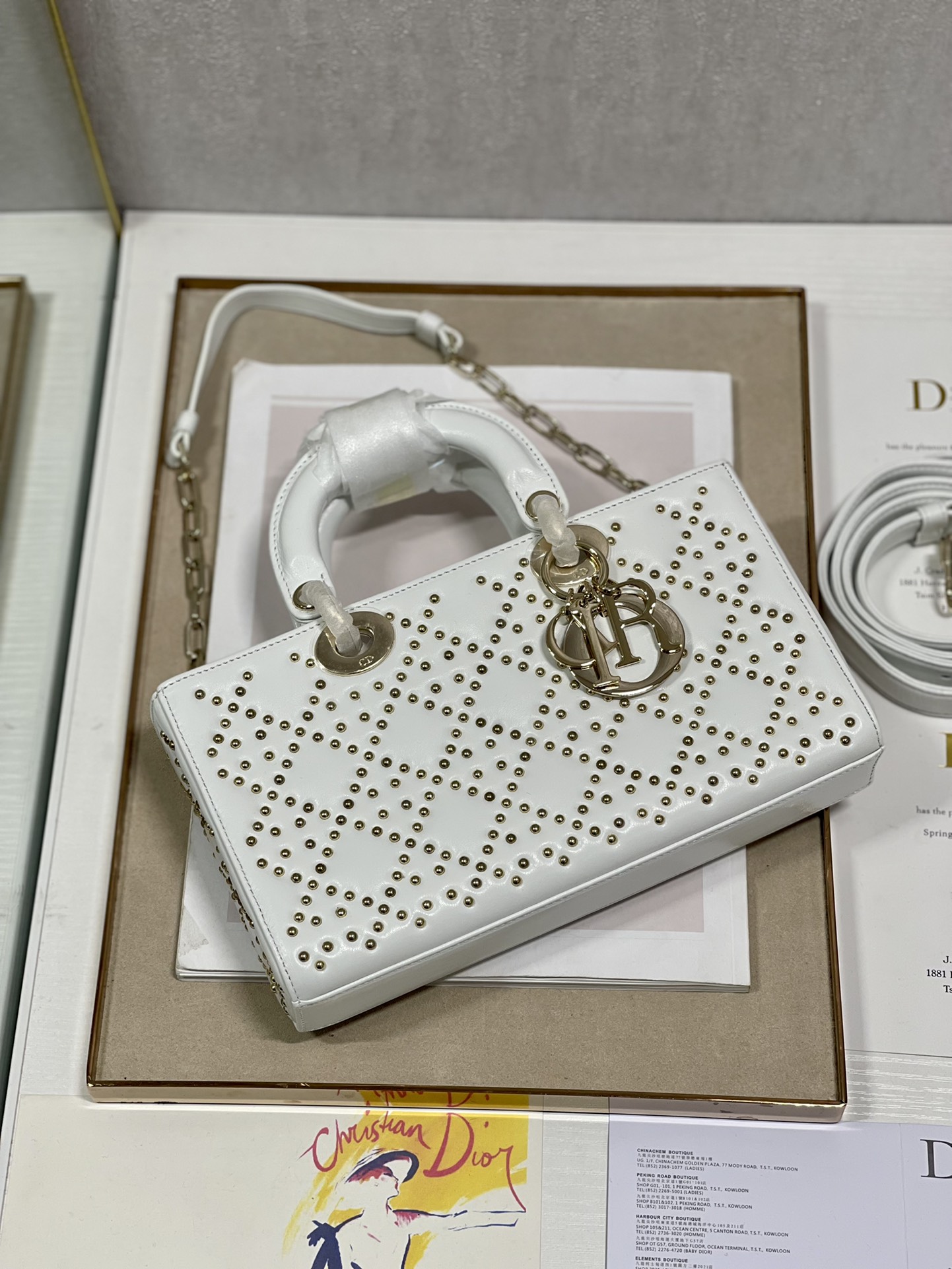 Dior Lady D鈭扟oy Tote Bag Eyelet White Lambskin