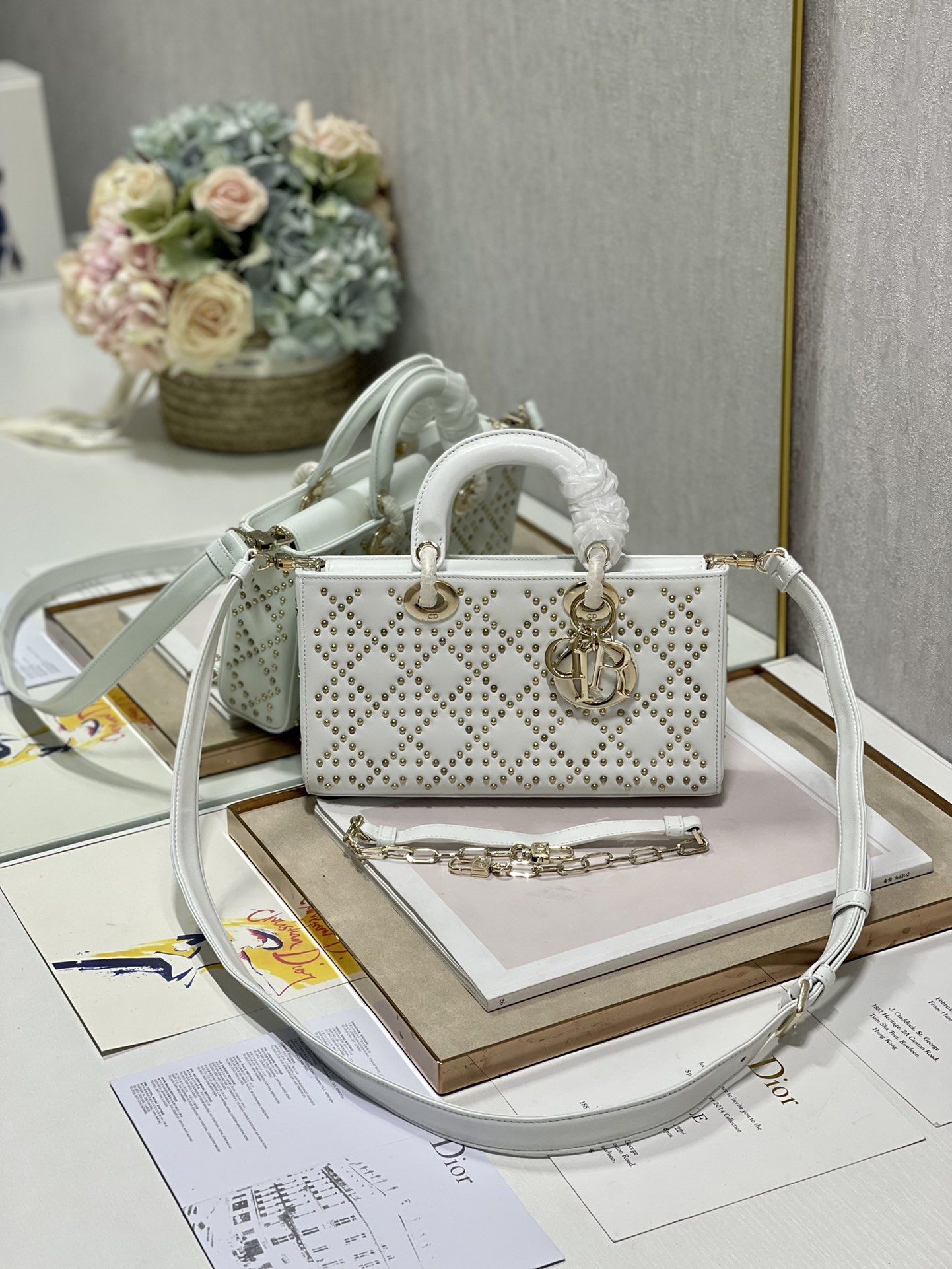 Dior Lady D鈭扟oy Tote Bag Eyelet White Lambskin