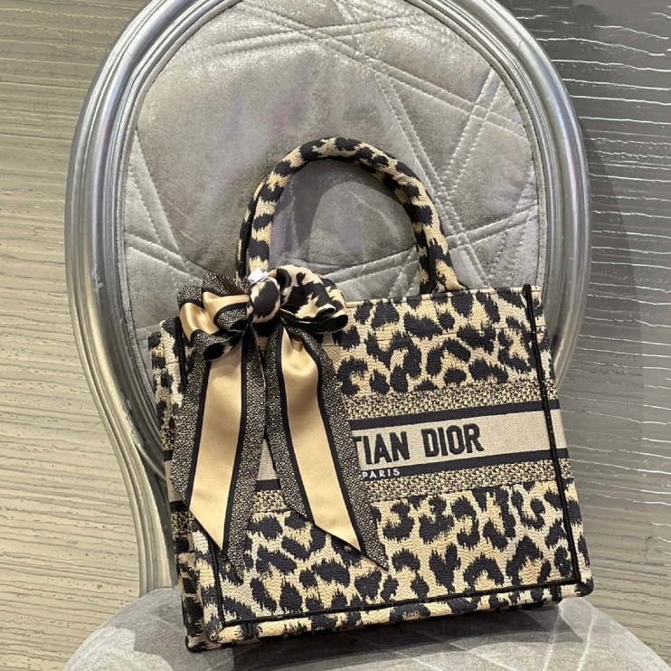 Dior Leopard Print Book Tote Beige Multicolor Mizza Embroidery 26.5CM