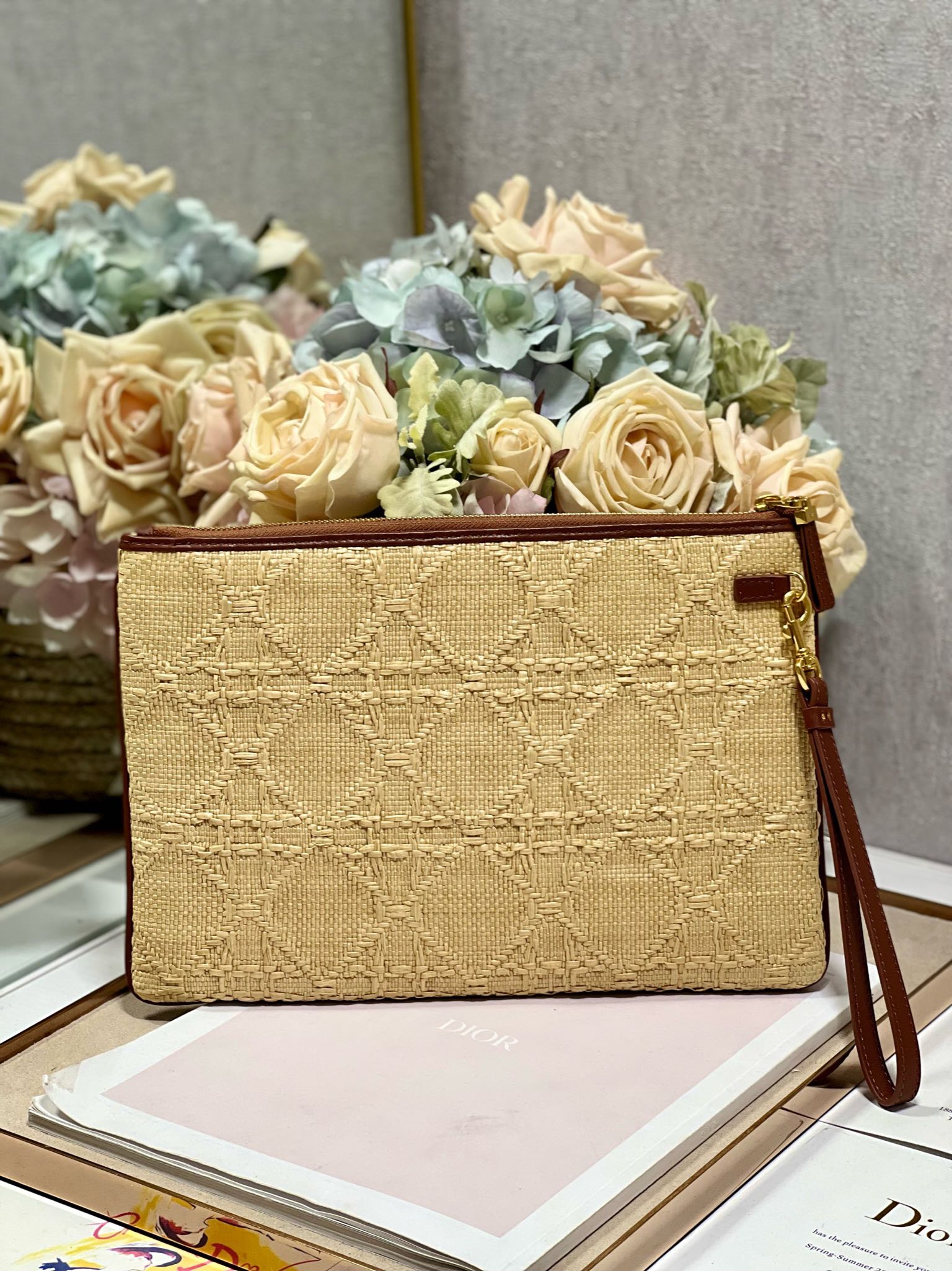 Dior Medium Dior Caro Daily Pouch Natural Cannage Raffia