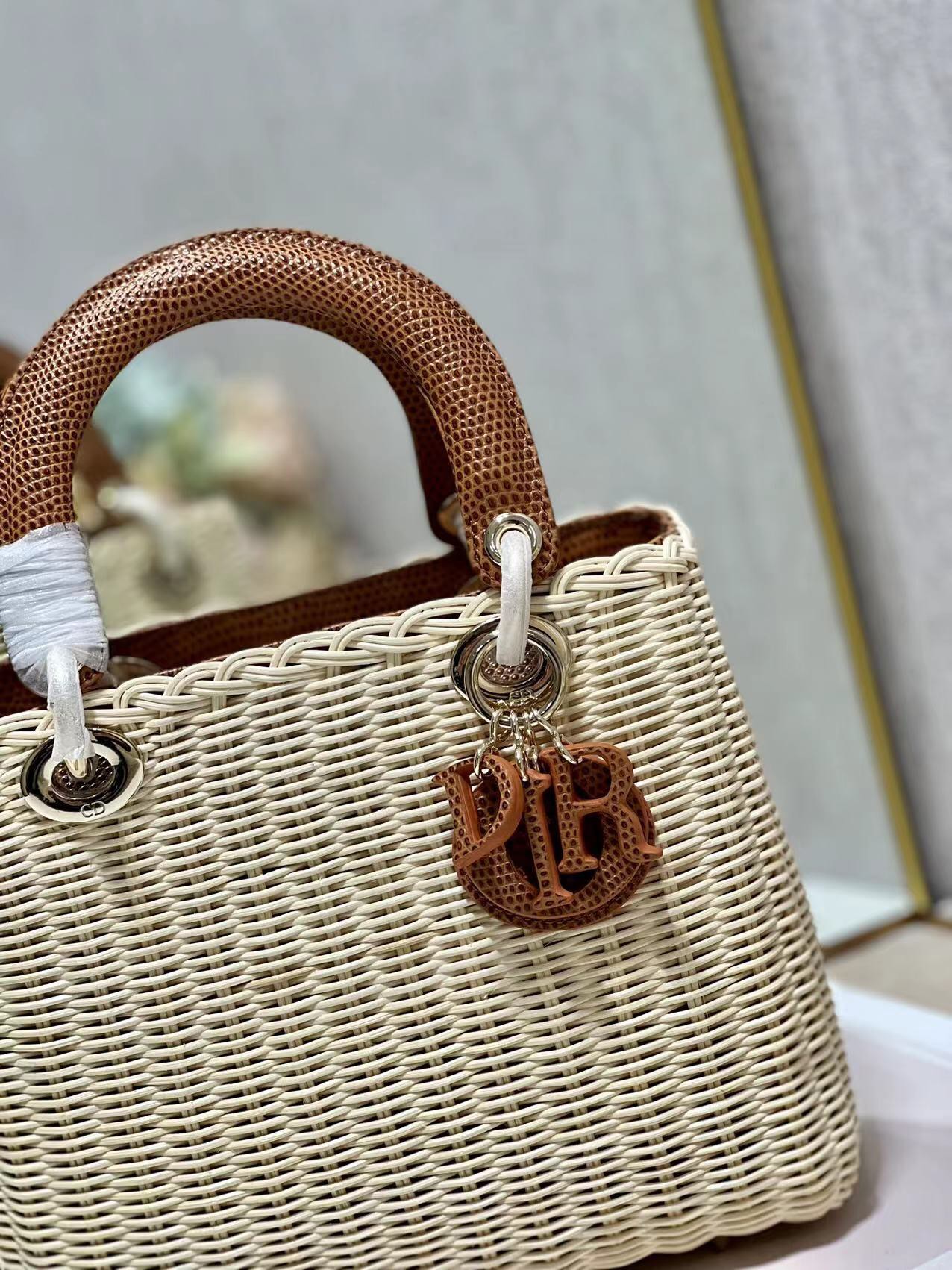 Dior Medium Lady Dior Bag Natural Wicker with Brown Snake Skin