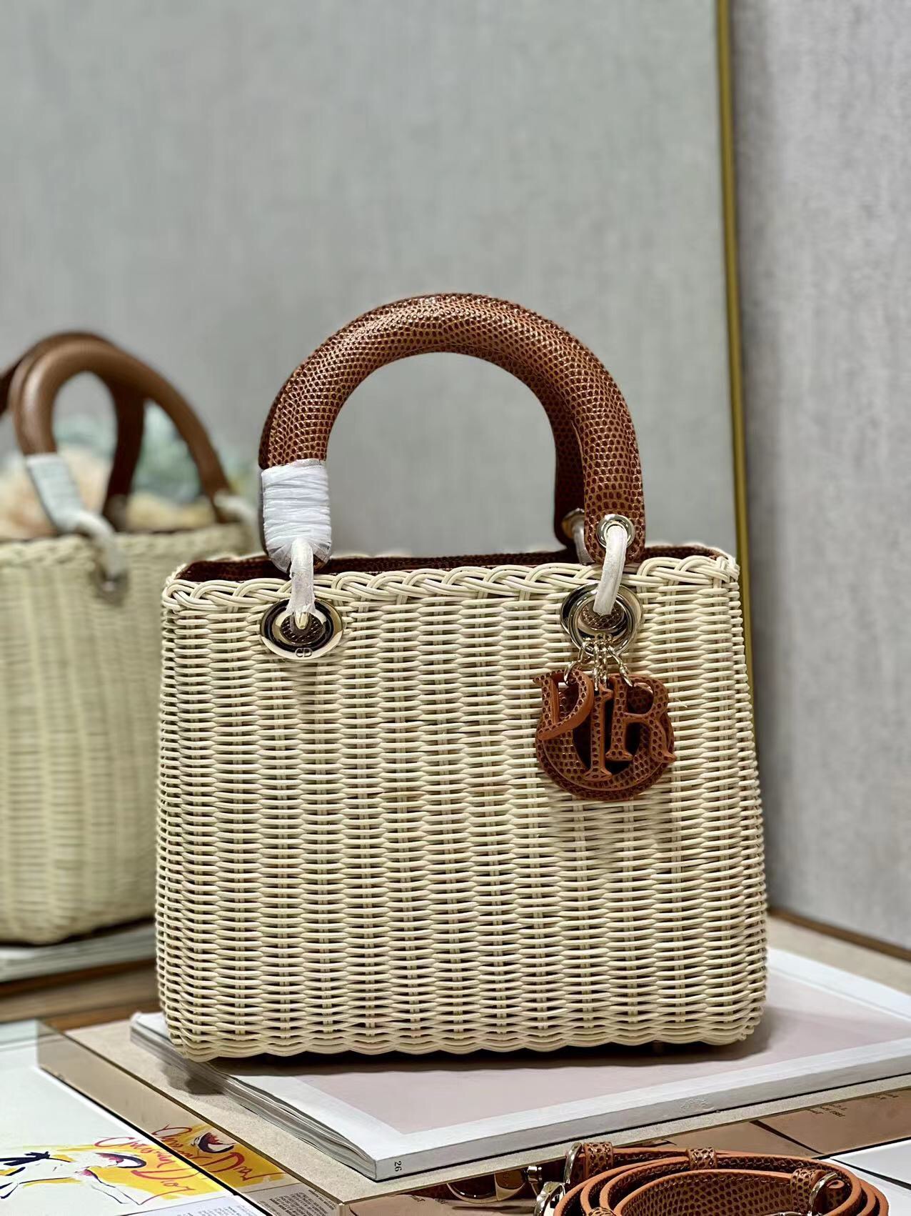 Dior Medium Lady Dior Bag Natural Wicker with Brown Snake Skin