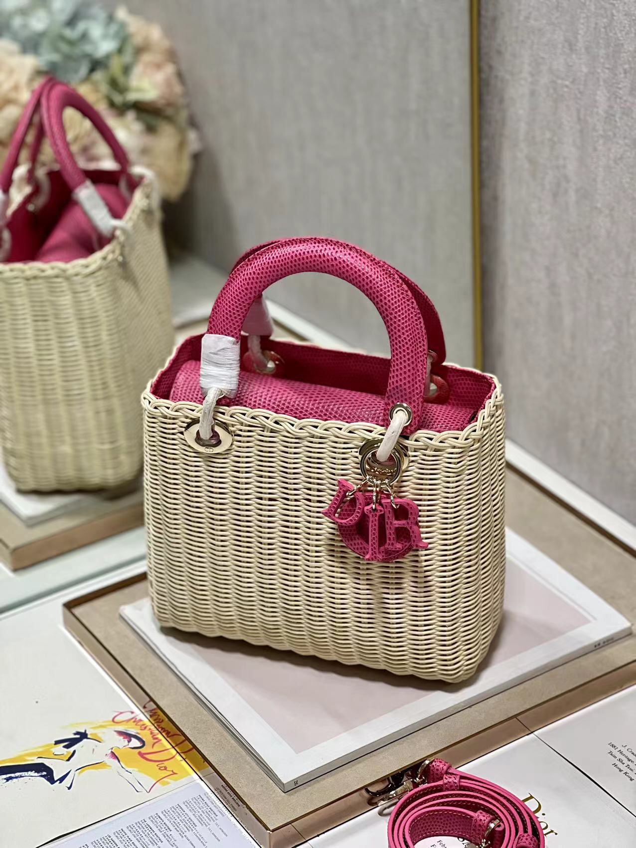 Dior Medium Lady Dior Bag Natural Wicker with Rose Snake Skin