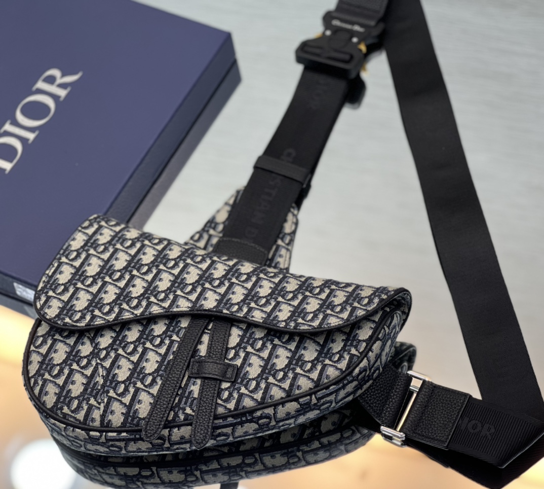 Dior Mens Saddle Bag Navy Beige and Black Dior Oblique Jacquard