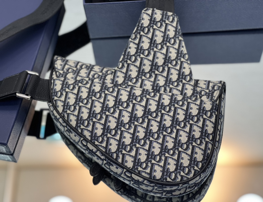 Dior Mens Saddle Bag Navy Beige and Black Dior Oblique Jacquard