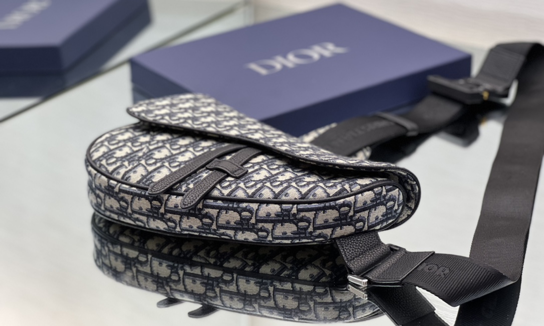 Dior Mens Saddle Bag Navy Beige and Black Dior Oblique Jacquard