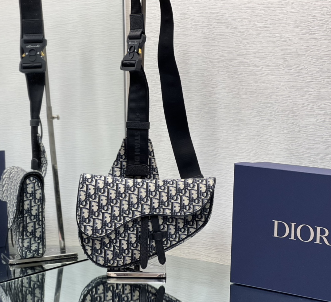 Dior Mens Saddle Bag Navy Beige and Black Dior Oblique Jacquard