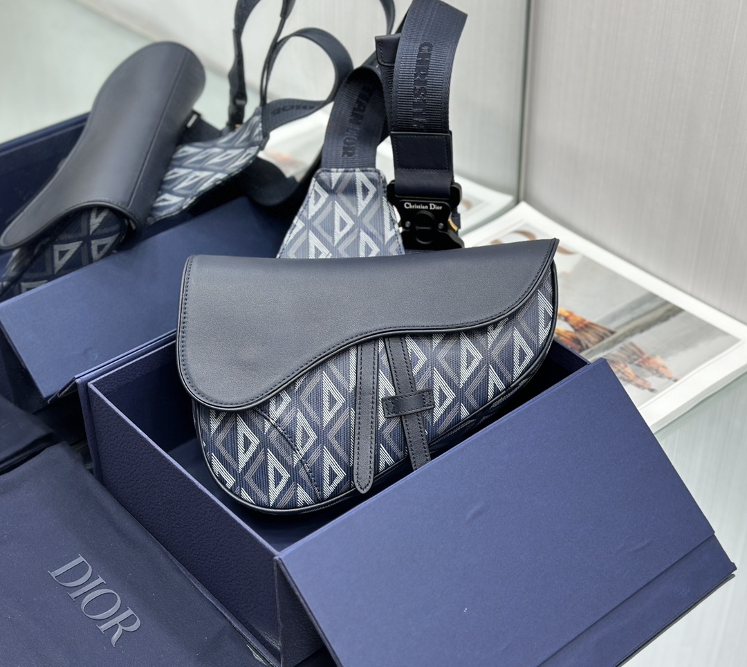 Dior Mens Saddle Bag Navy Blue CD Diamond Canvas and Smooth Calfskin