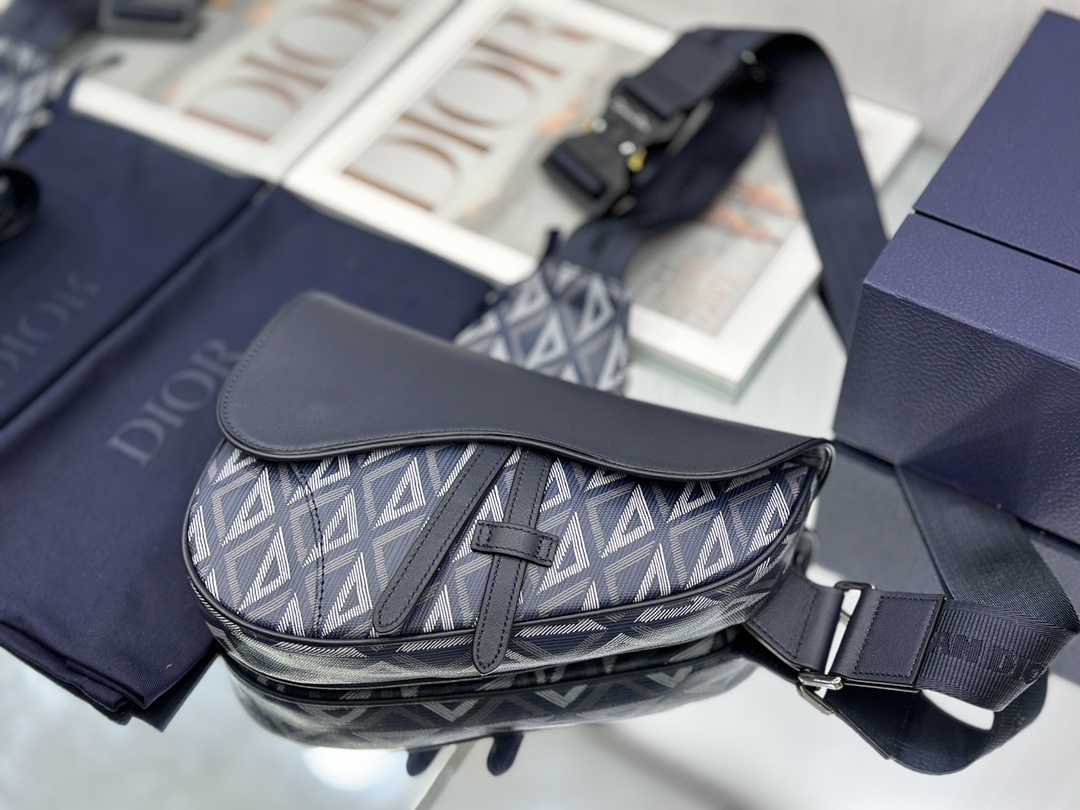 Dior Mens Saddle Bag Navy Blue CD Diamond Canvas and Smooth Calfskin