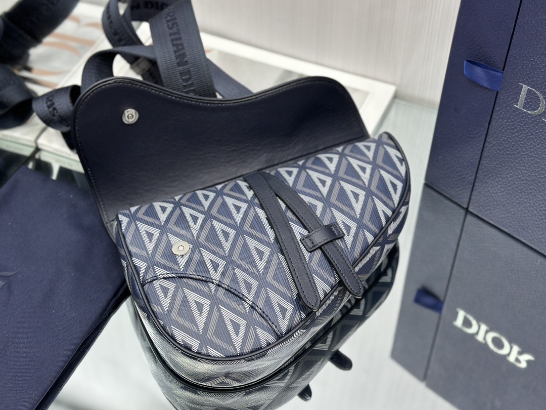 Dior Mens Saddle Bag Navy Blue CD Diamond Canvas and Smooth Calfskin