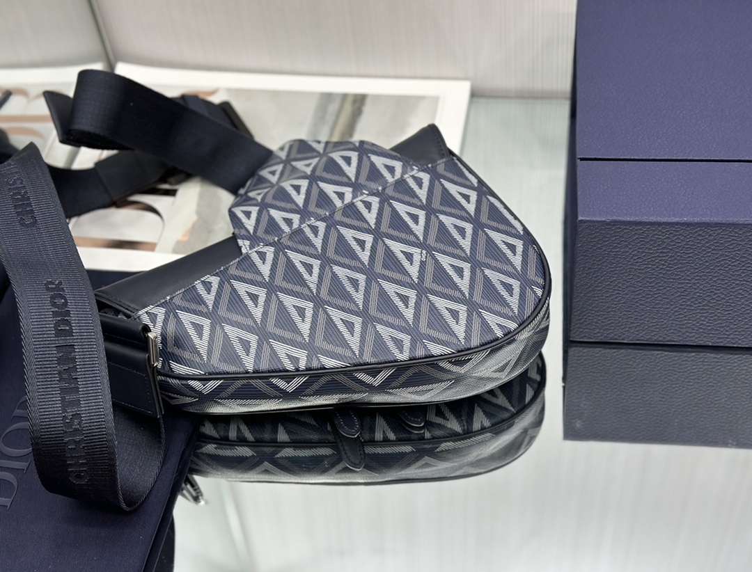 Dior Mens Saddle Bag Navy Blue CD Diamond Canvas and Smooth Calfskin