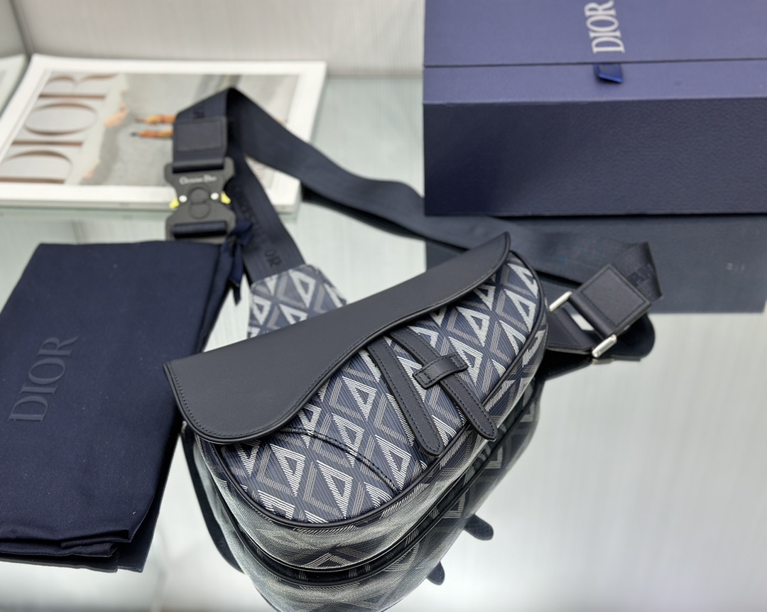 Dior Mens Saddle Bag Navy Blue CD Diamond Canvas and Smooth Calfskin