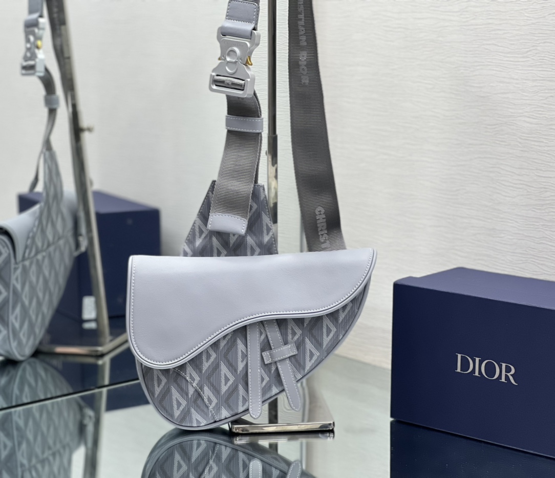 Dior Mens Saddle Bag Navy Gray CD Diamond Canvas and Smooth Calfskin