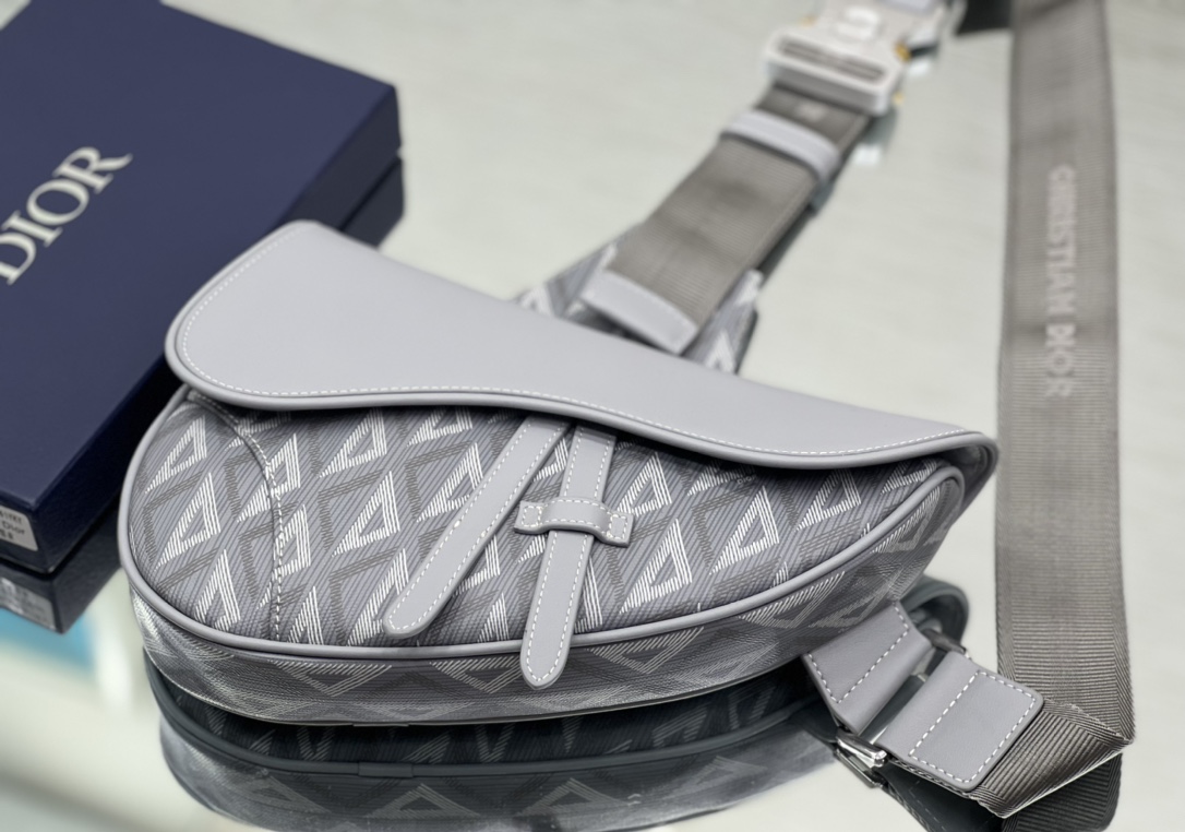 Dior Mens Saddle Bag Navy Gray CD Diamond Canvas and Smooth Calfskin