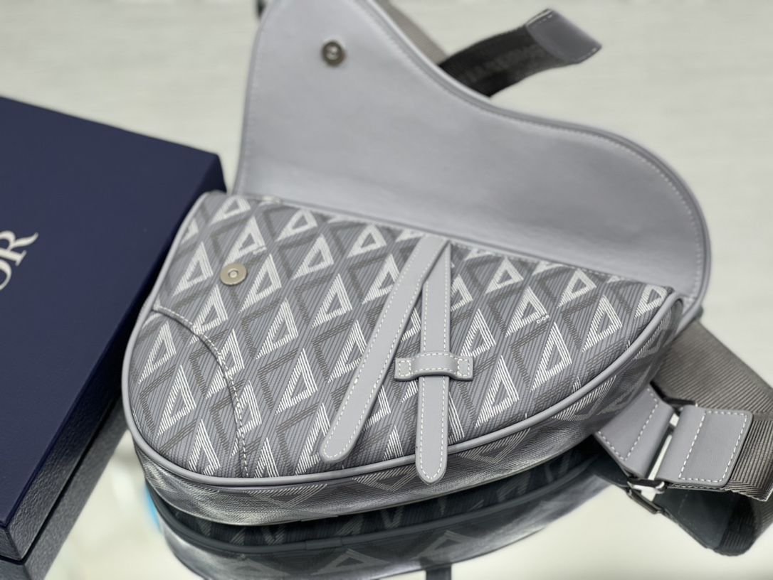 Dior Mens Saddle Bag Navy Gray CD Diamond Canvas and Smooth Calfskin