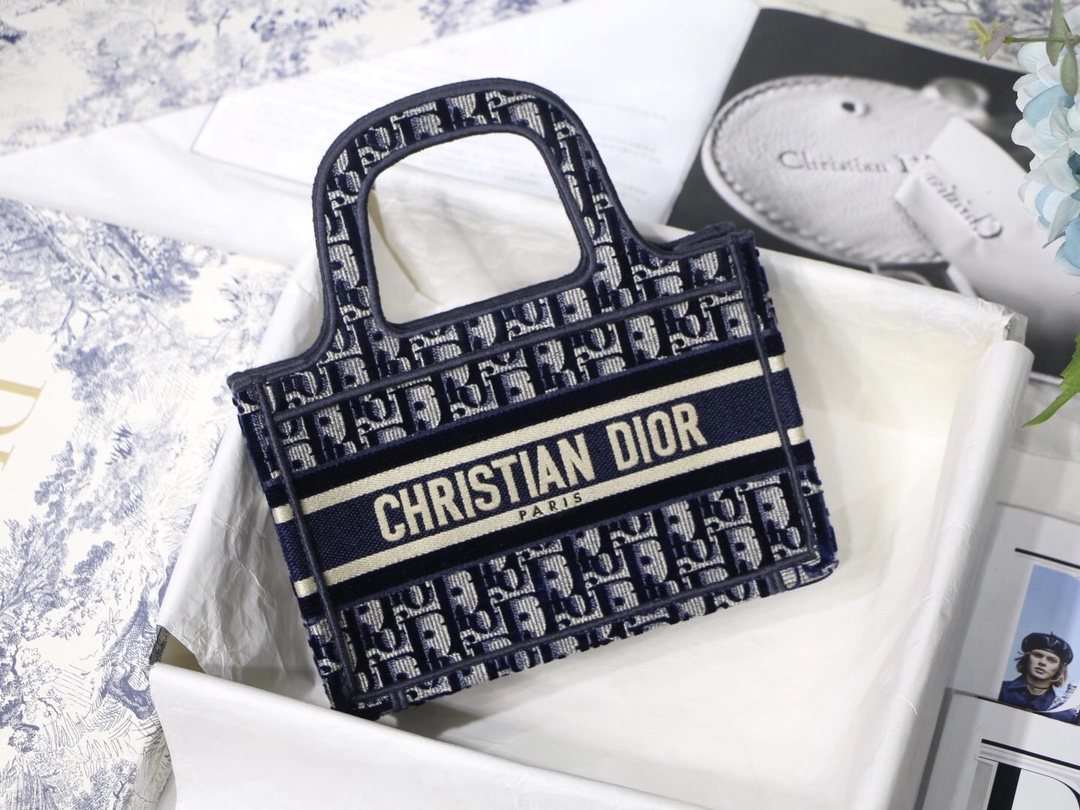 Dior Mini Blue Dior Oblique Embroidery Book Tote 23cm