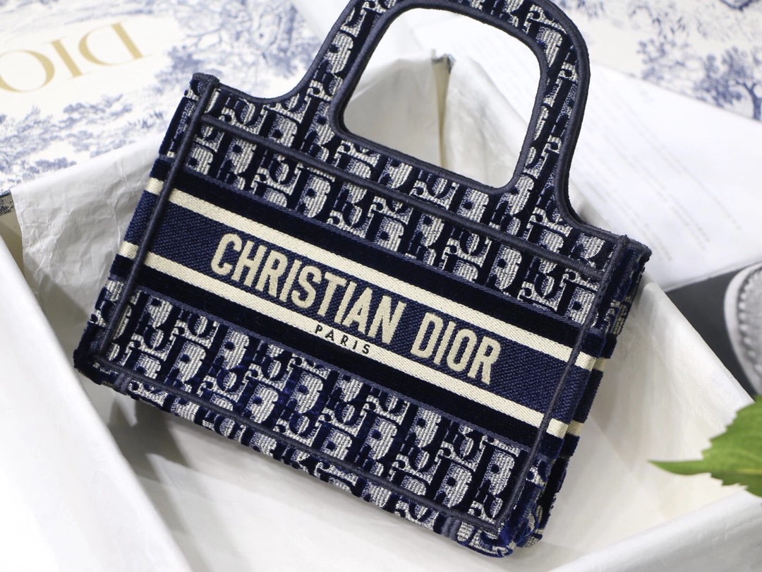 Dior Mini Blue Dior Oblique Embroidery Book Tote 23cm