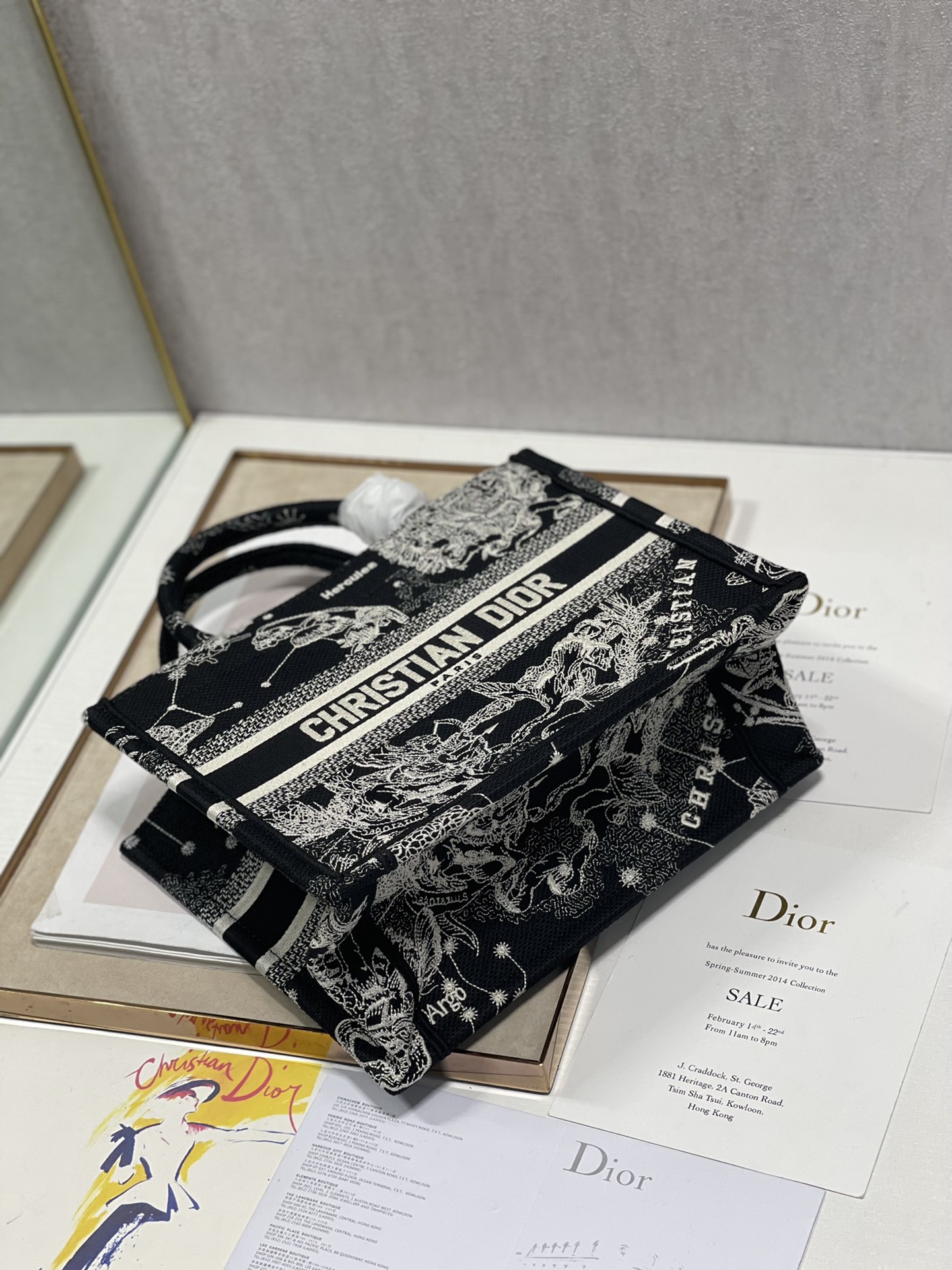 Dior Mini Book Tote Latte Toile de Jouy Zodiac Embroidery Black