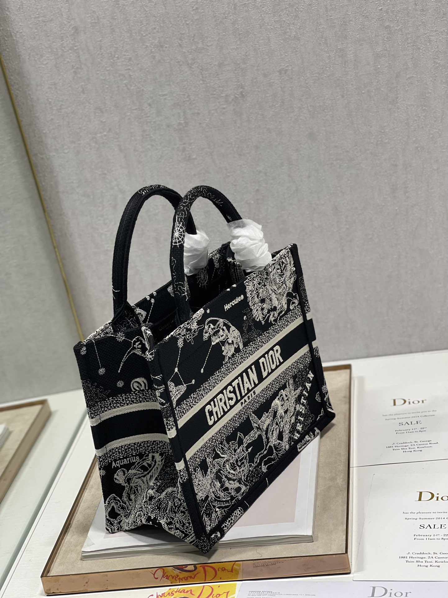 Dior Mini Book Tote Latte Toile de Jouy Zodiac Embroidery Black