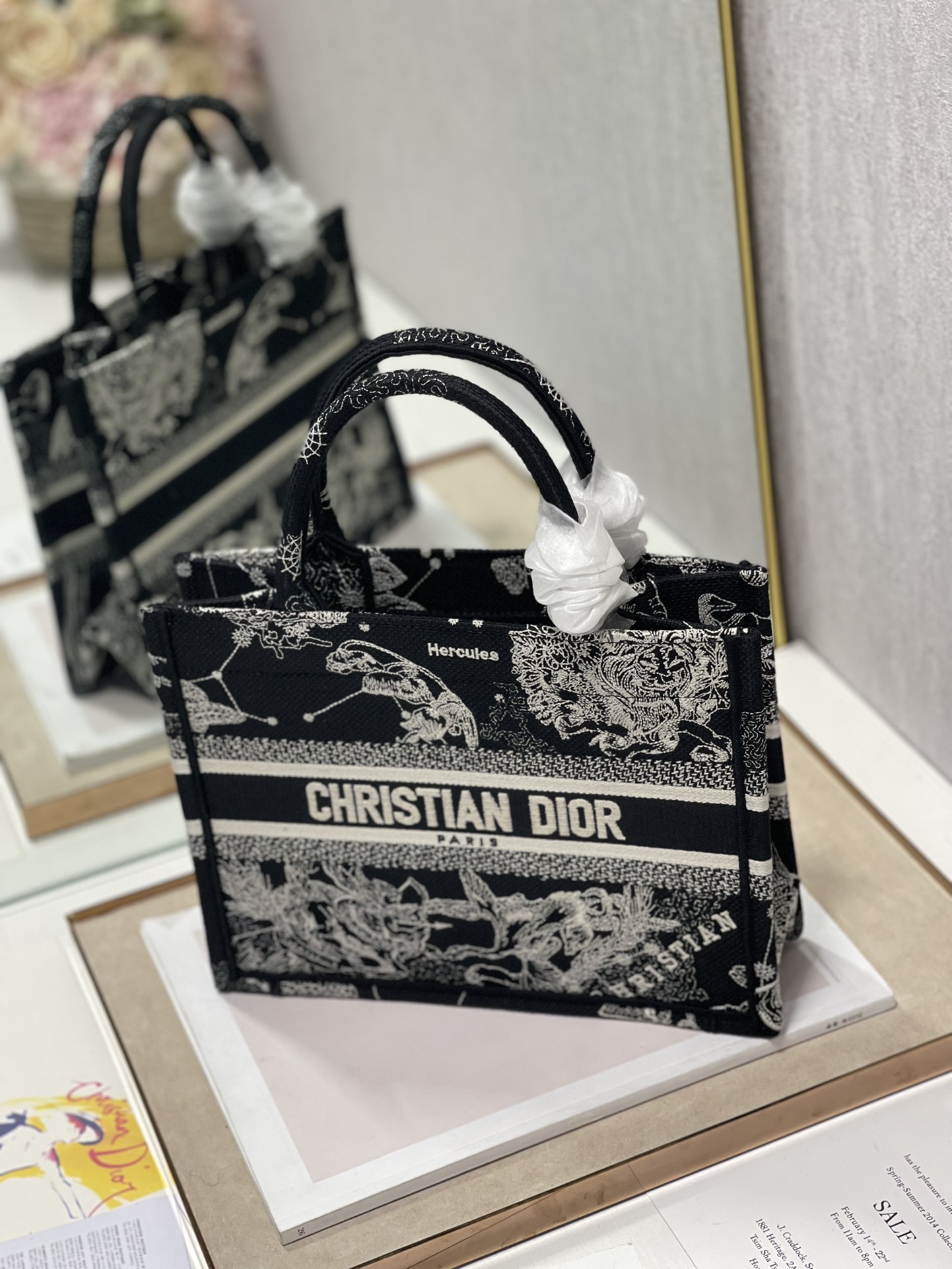 Dior Mini Book Tote Latte Toile de Jouy Zodiac Embroidery Black