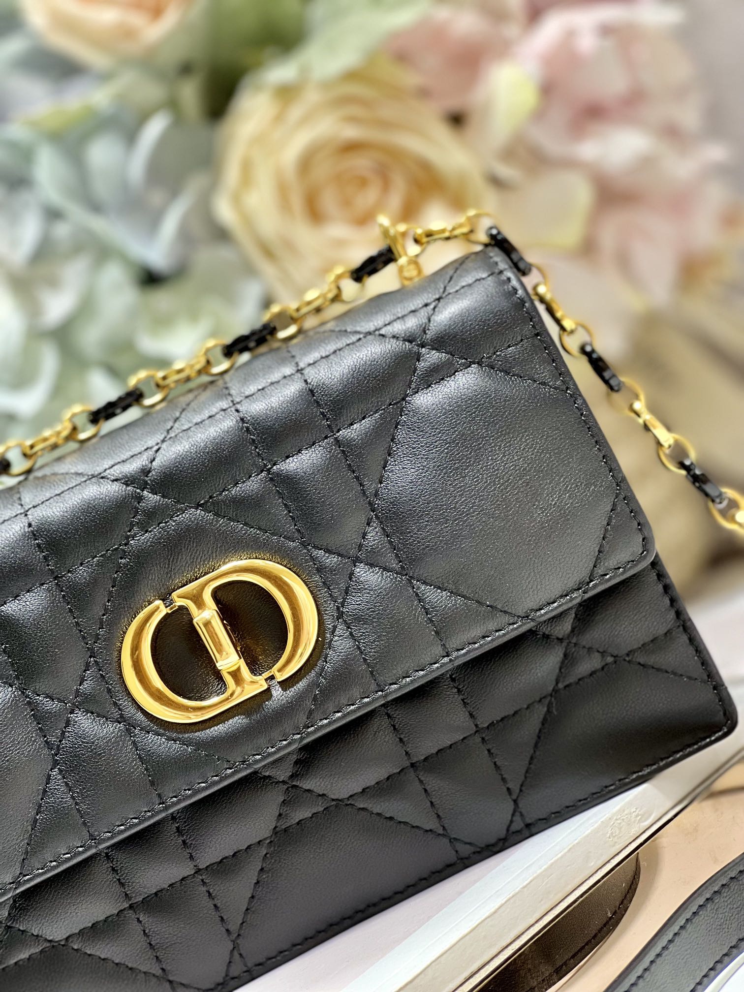 Dior Miss Caro Mini Bag Latte Macrocannage Lambskin Black