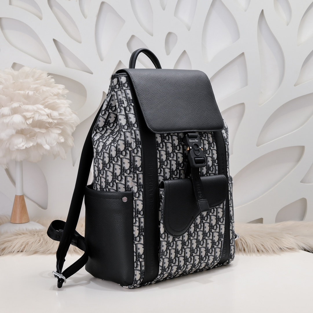 Dior Saddle Backpack Beige and Black Dior Oblique Jacquard and Black Grained Calfskin