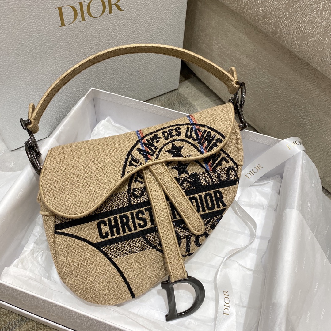 Dior Saddle Bag Beige Jute Canvas Embroidered with Dior Union Motif