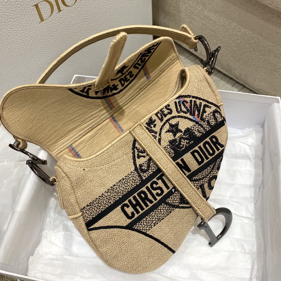 Dior Saddle Bag Beige Jute Canvas Embroidered with Dior Union Motif