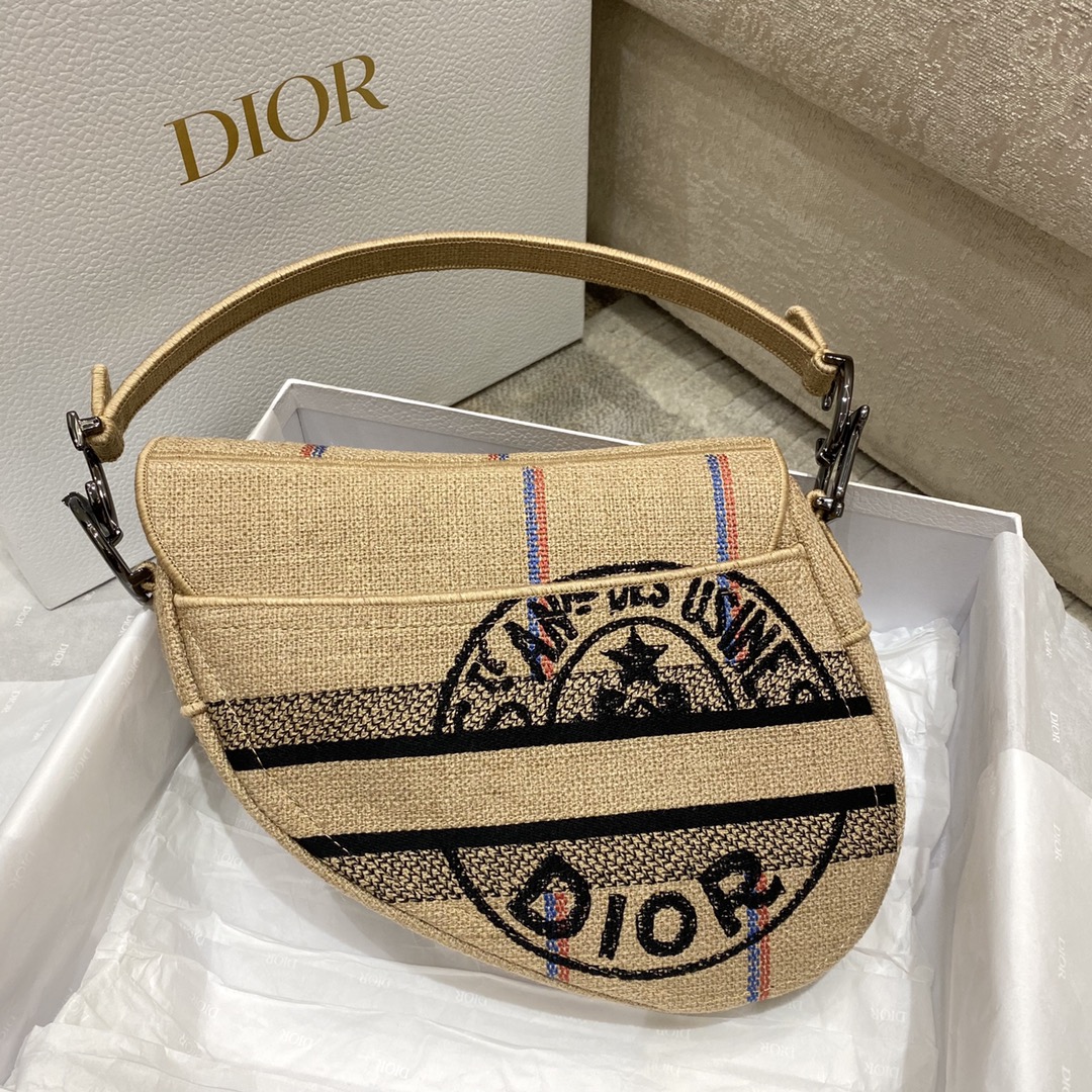 Dior Saddle Bag Beige Jute Canvas Embroidered with Dior Union Motif