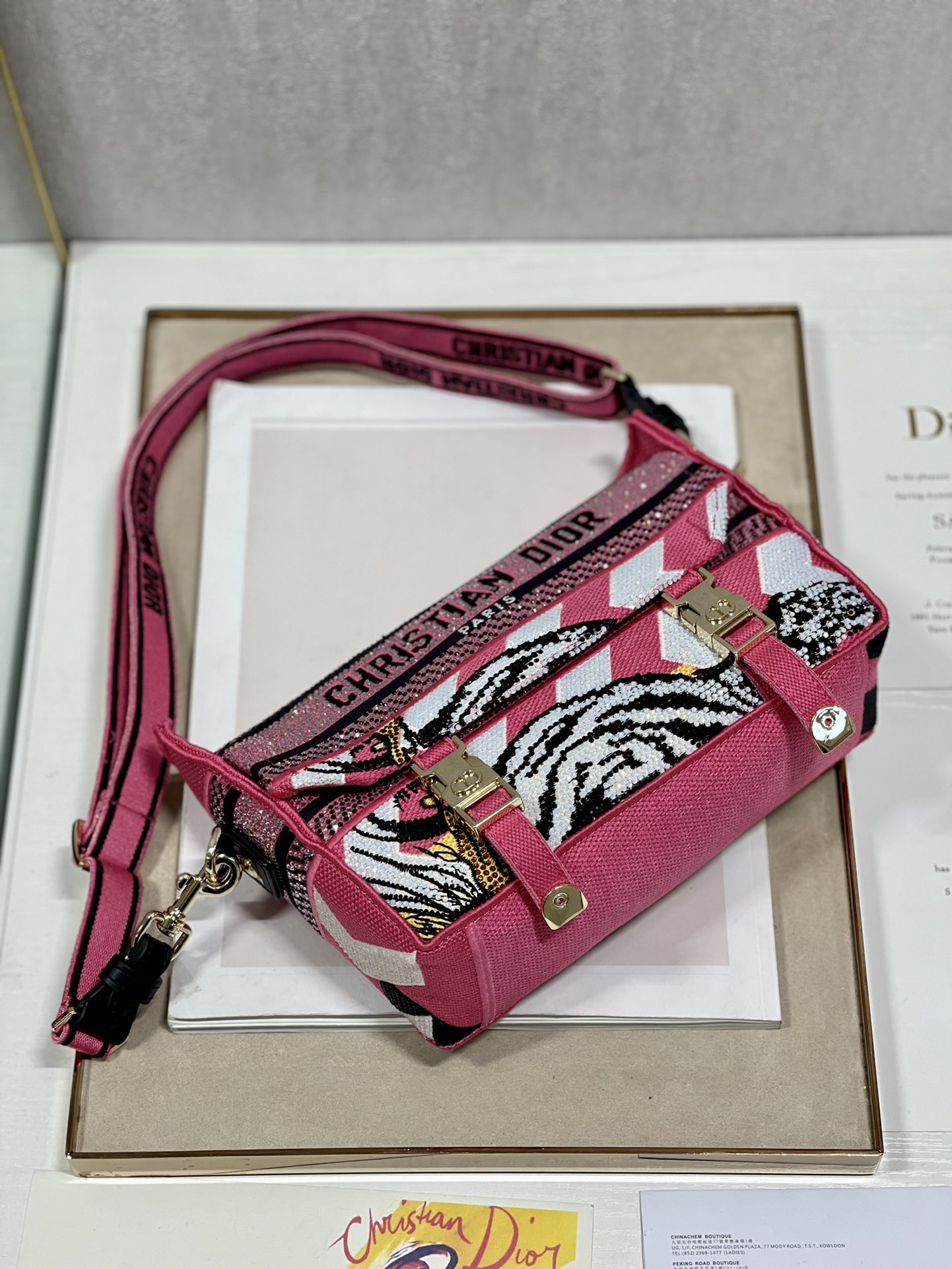 Dior Small Diorcamp Bag Pink Multicolor Toile de Jouy Zoom Technical Canvas with Strass