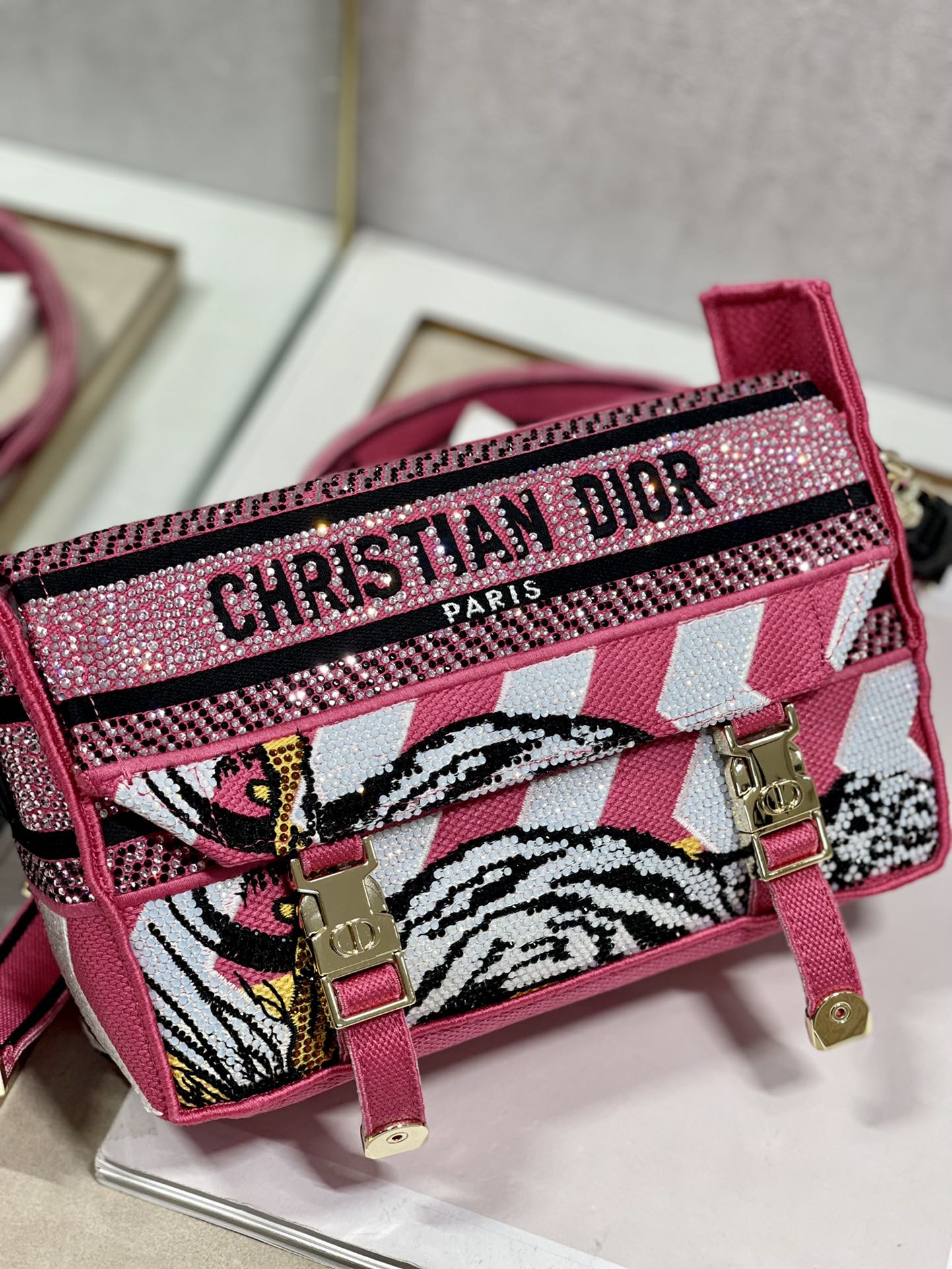 Dior Small Diorcamp Bag Pink Multicolor Toile de Jouy Zoom Technical Canvas with Strass