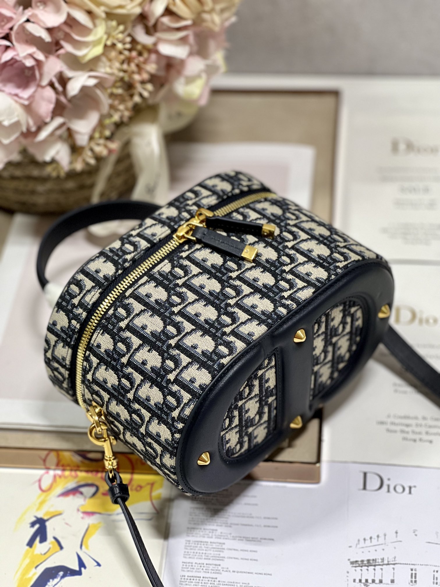Dior Small Diortravel Blue Dior Oblique Embroidery Vanity Case White