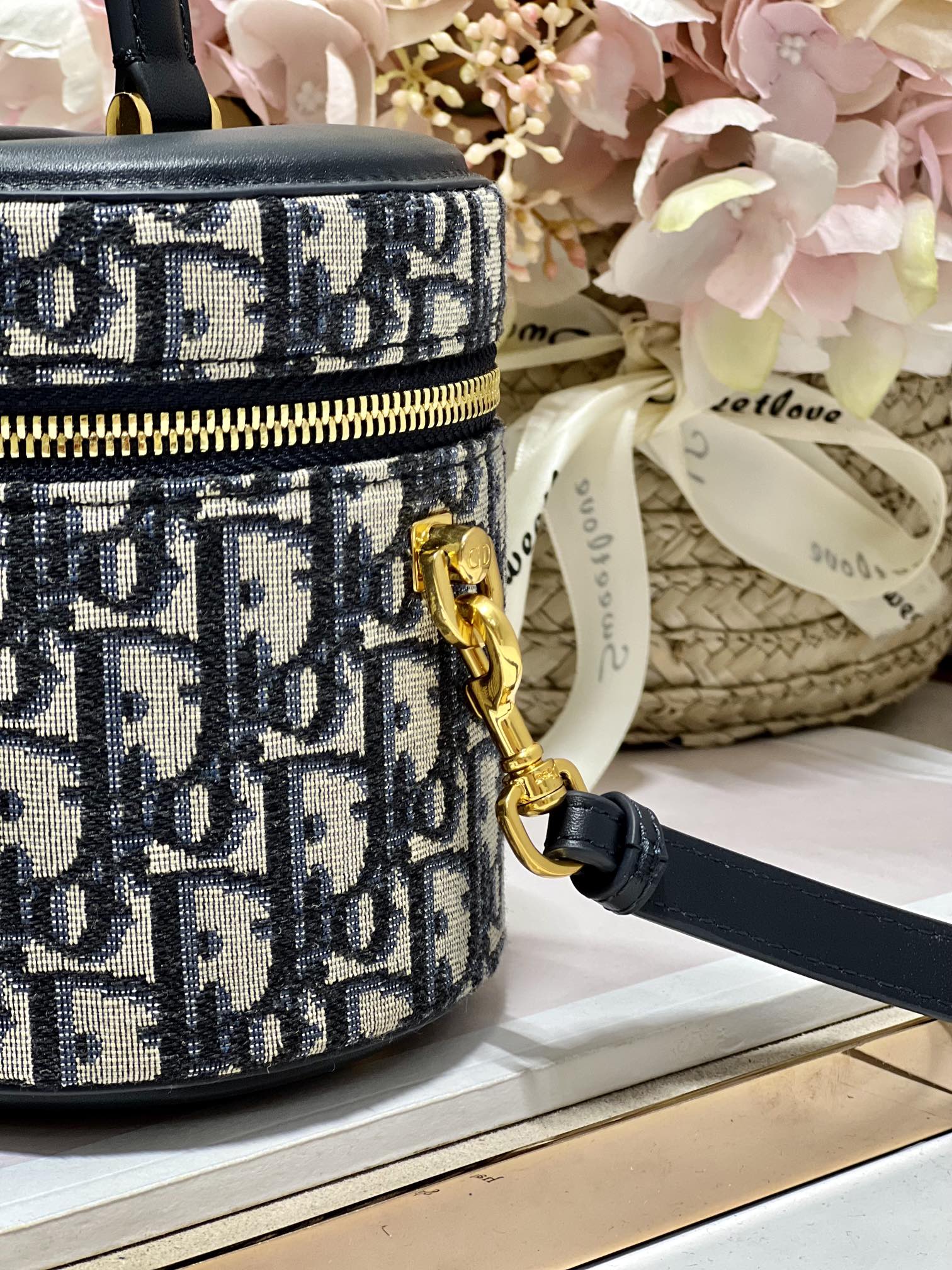 Dior Small Diortravel Blue Dior Oblique Embroidery Vanity Case White