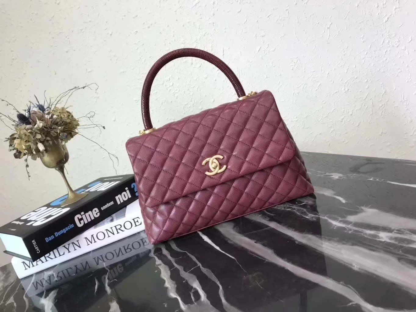 Discount Chanel A92992 CoCo Large Flap Bag with Top Handle Purple Calfskin Gold-Tone Metal