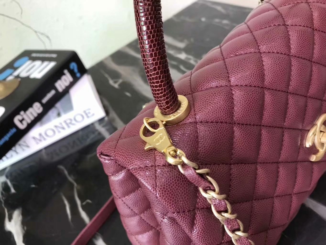 Discount Chanel A92992 CoCo Large Flap Bag with Top Handle Purple Calfskin Gold-Tone Metal