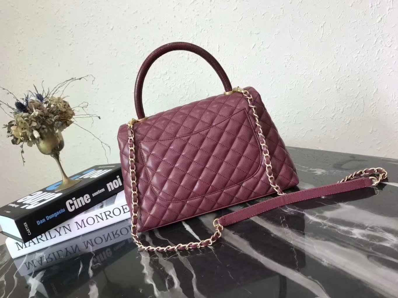 Discount Chanel A92992 CoCo Large Flap Bag with Top Handle Purple Calfskin Gold-Tone Metal